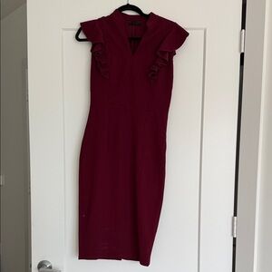 Chic Maroon Ruffle Sleeve Midi Dress